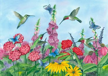 Diane Pope painting - hummingbirds and blue butterflies gather in the summer garden