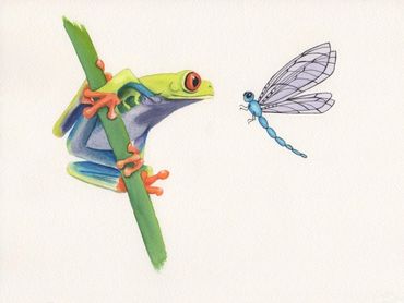 Diane Pope painting - A green tree frog meets a blue dragonfly 