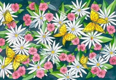 Diane Pope painting - yellow butterflies and blue dragonflies land on pink and white garden flowers