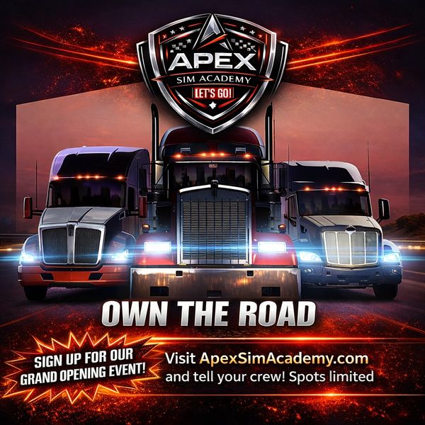 Three trucks with bright headlights under Apex Sim Academy logo promoting a grand opening event.