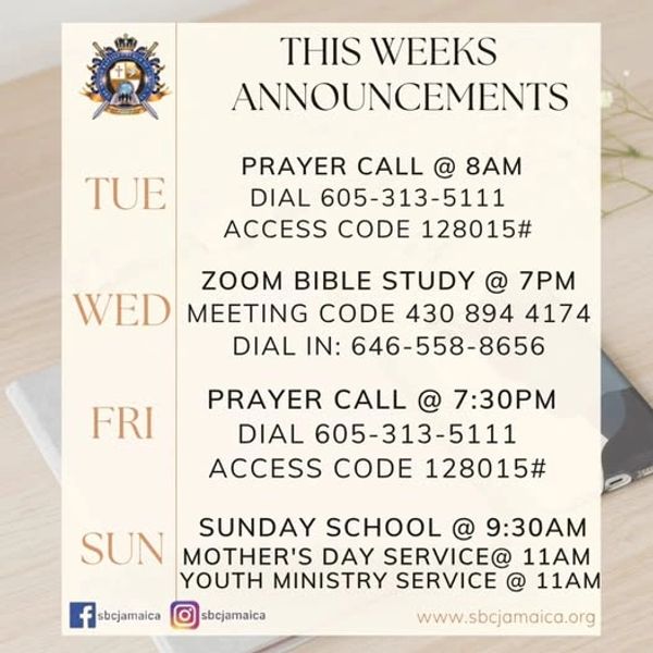 Weekly church announcements for prayer calls, Bible study, and services.