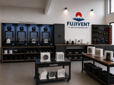 Modern workshop showcasing 3D printers and ventilation products under the Fujivent brand.
