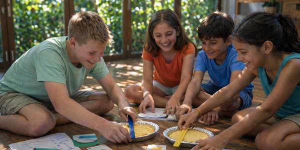 Four children happily cutting pies together on the floor.
