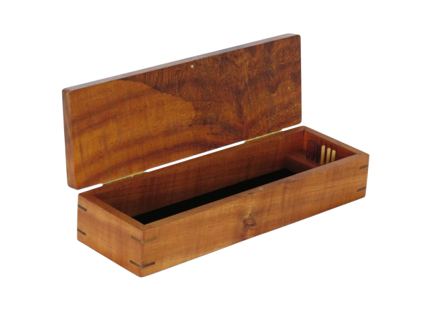 cribbage board box with open cover, black fabric lined with 2 sets of differing color pegs