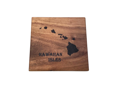 Koa coaster engraved with Hawaiian Islands print