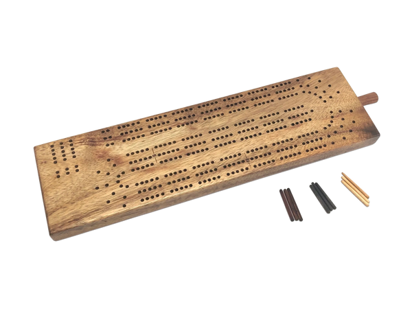 skunk and double skunk cribbage board with 3 sets of pegs in differing colors