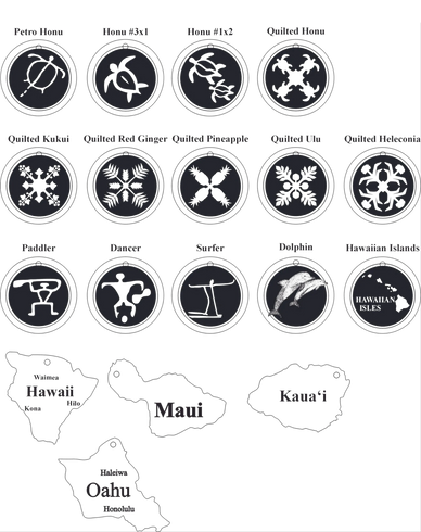 Engravings for key chains, most with dark colored background and circular shape. 4 Hawaiian isles