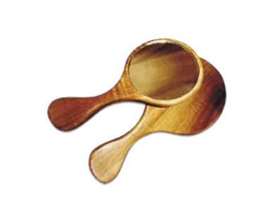 round koa mirror with rounded handles