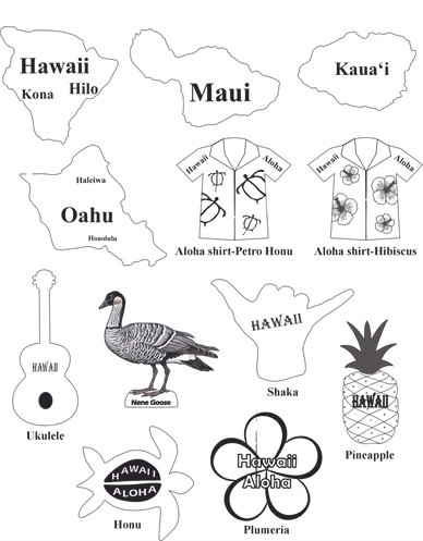 Various magnet engravings: islands, t-shirts, ukulele, nene, shaka, pineapple, turtle and plumeria