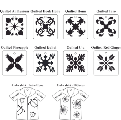 Engravings for key chains, most with square shaped outline and dark colored images.  Two tshirts