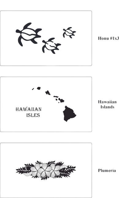 Designs for rectangle boxes: 3 turtle, Hawaiian Islands and plumeria on pikake/fern backdrop