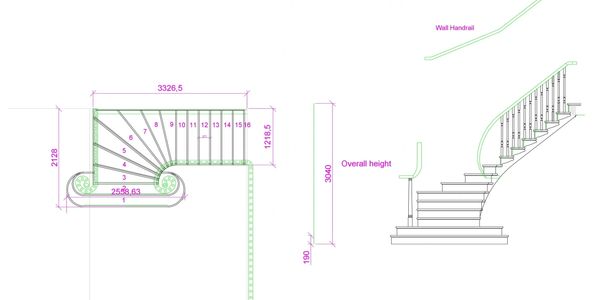 Cad drawing of bespoke curved staircase