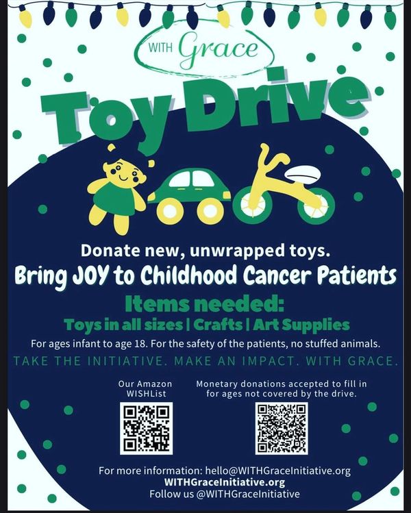 Toy drive flyer for childhood cancer patients.