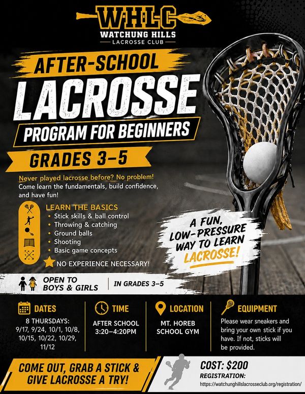 After-school lacrosse program for grades 3-5 beginners.