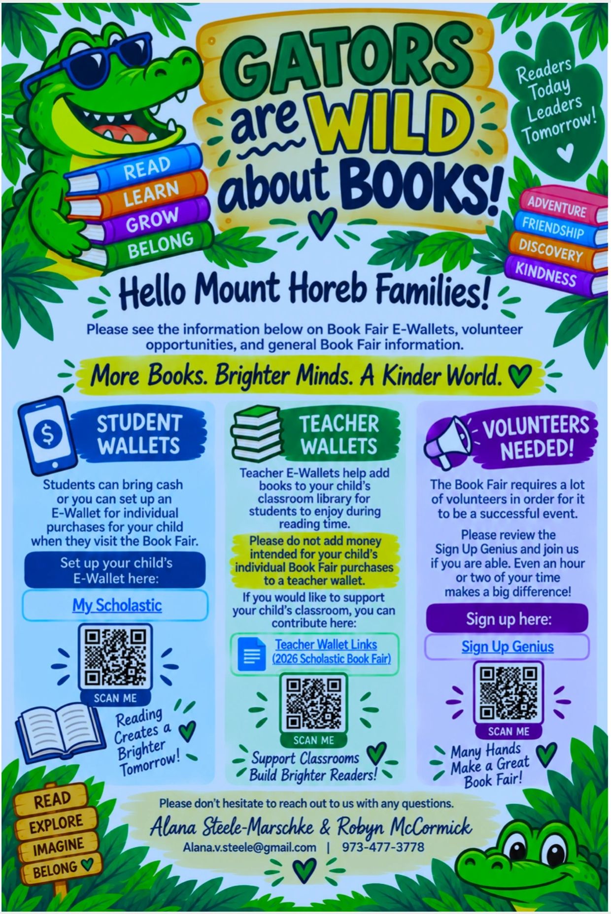 Colorful flyer promoting Mount Horeb Book Fair with e-wallet info and volunteer call.
