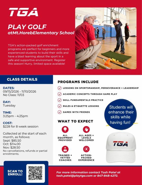 Golf enrichment program for kids at Mt. Horeb Elementary School.