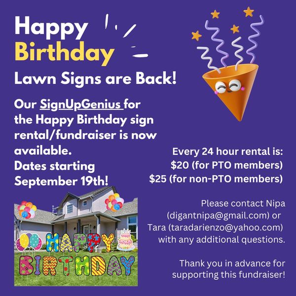 Birthday lawn signs rental fundraiser available starting September 19th.