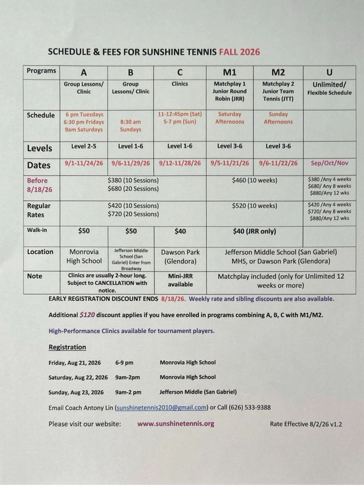 Sunshine Tennis Fall 2026 schedule and fees overview.