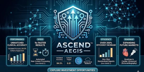 Digital shield logo representing Ascend Aegis with performance and efficiency stats.