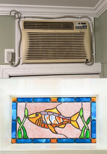 Fishtown fish transom stained glass window above front door