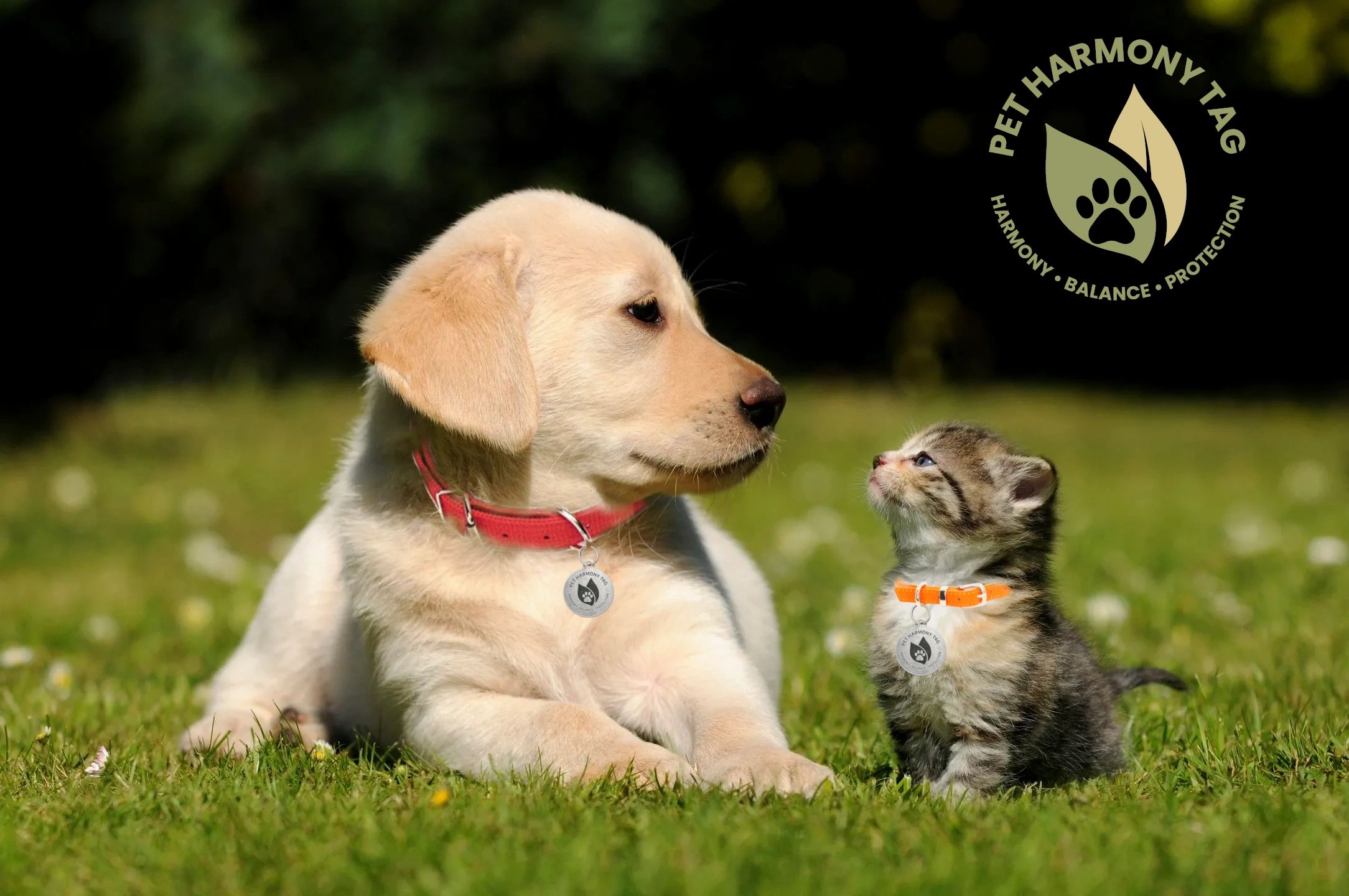 A puppy and kitten wearing Pet Harmony Tags sitting on grass, looking at each other.