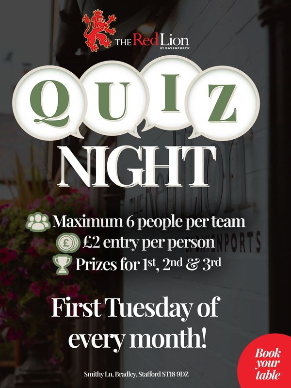 Quiz night event at The Red Lion, first Tuesday monthly.