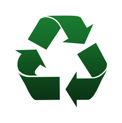 Green recycling symbol with three arrows forming a triangle.