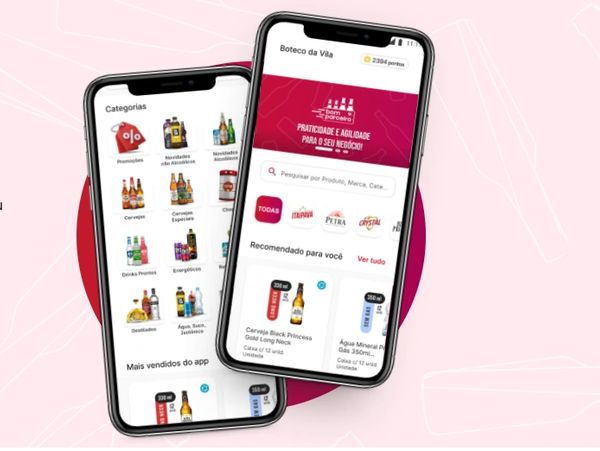 Two smartphones displaying a beverage shopping app interface with categories and product recommendations.