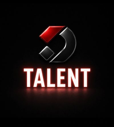 Glowing TALENT text with a sleek red and black geometric logo above on dark background.