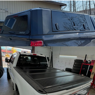Two truck bed covers: a hardtop canopy and a retractable tonneau cover.