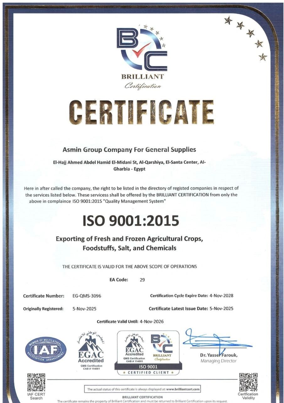 ISO 9001:2015 certificate issued to Asmin Group Company for exporting agricultural products and chemicals.