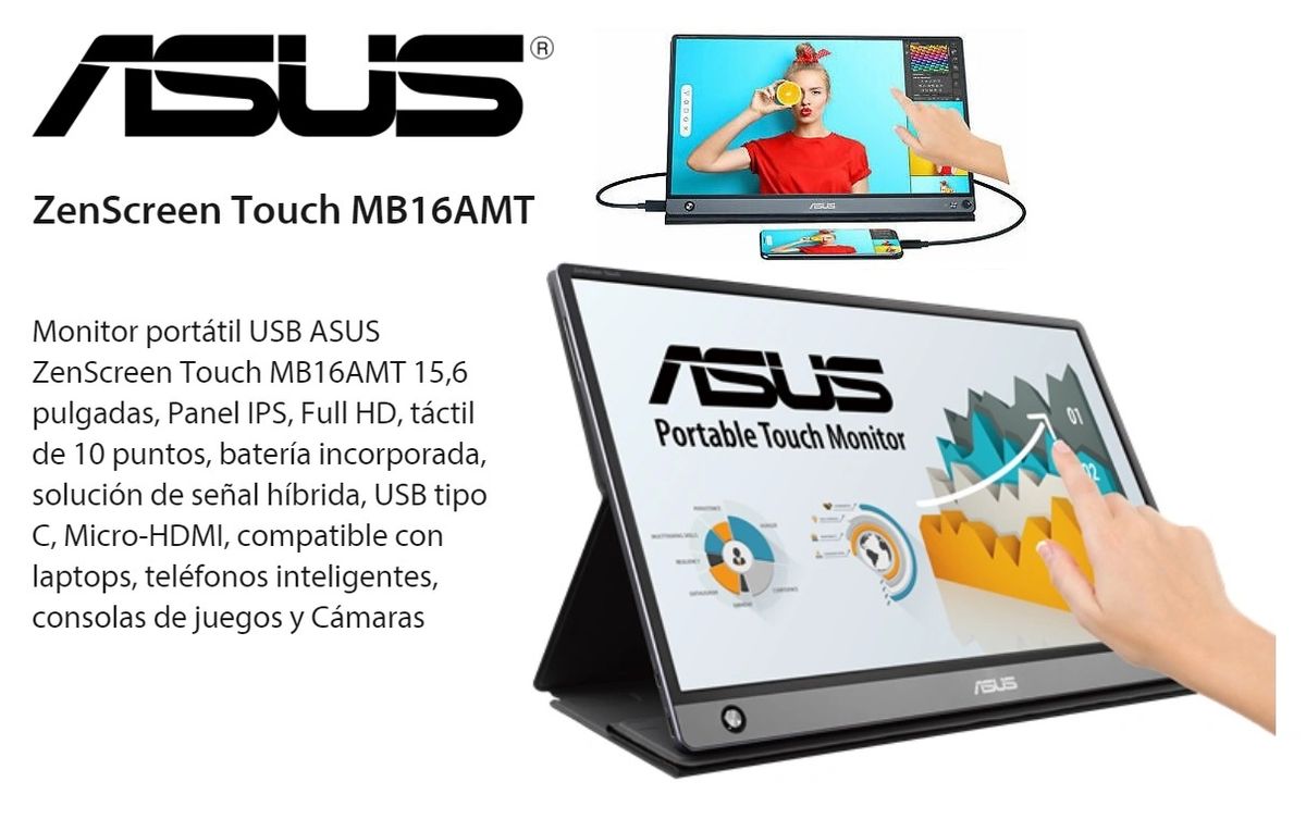 Monitor Portatil ASUS ZenScreen Touch MB16AMT, 15.6 FHD IPS Tactil, USB-C,  micro-HDMI