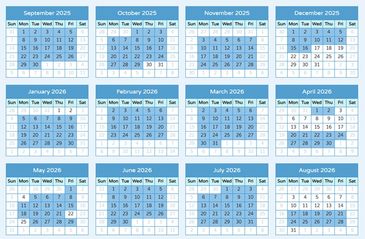Calendar displaying months from September 2025 to August 2026.
