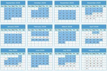 Calendar displaying months from September 2025 to August 2026.