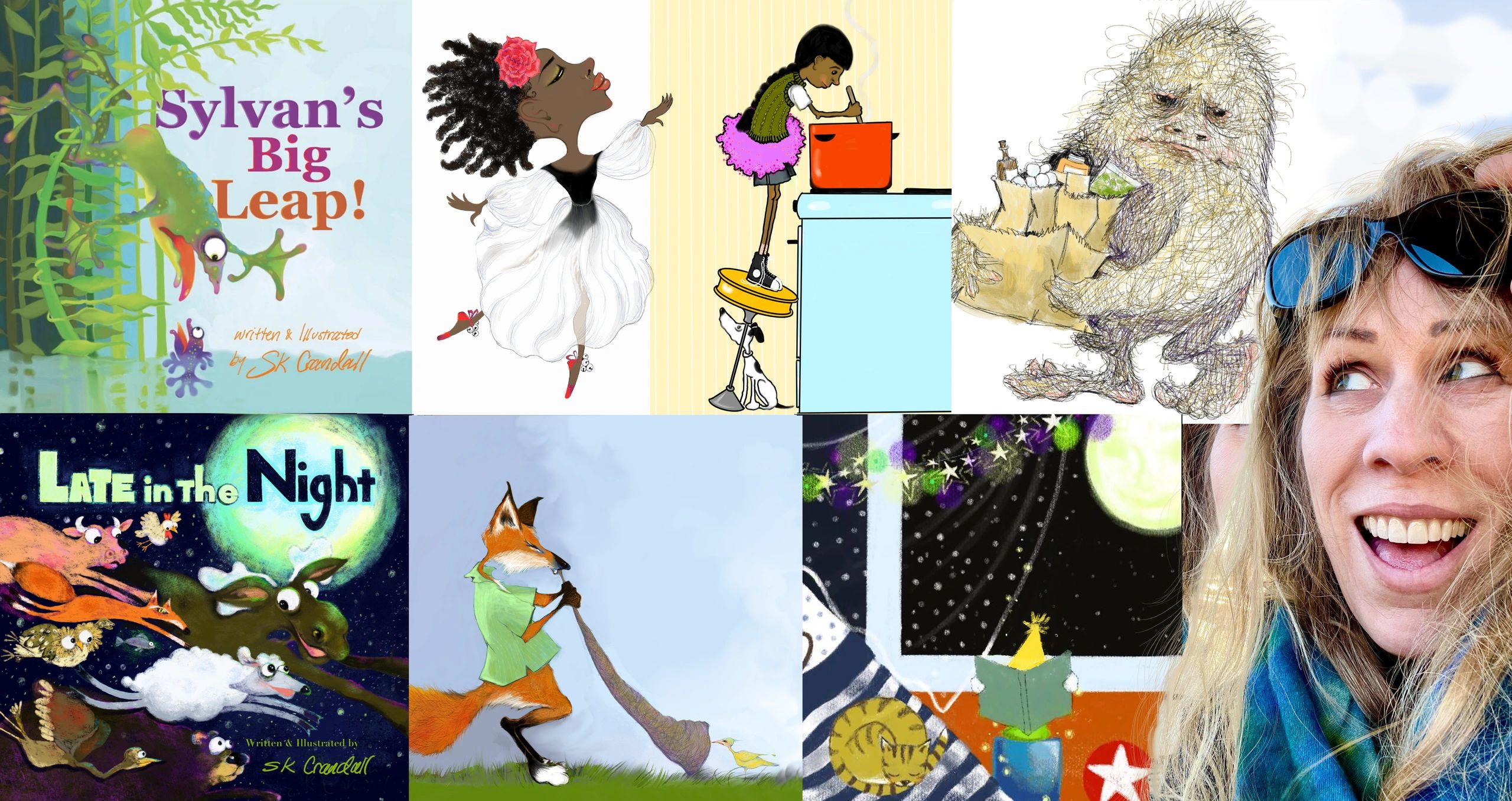 Collage of colorful children's book illustrations and a smiling woman wearing sunglasses.