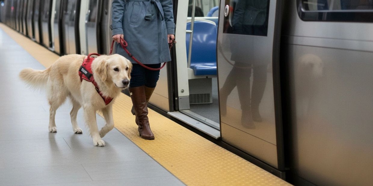 A guide dog and its owner walking beside a subway train.