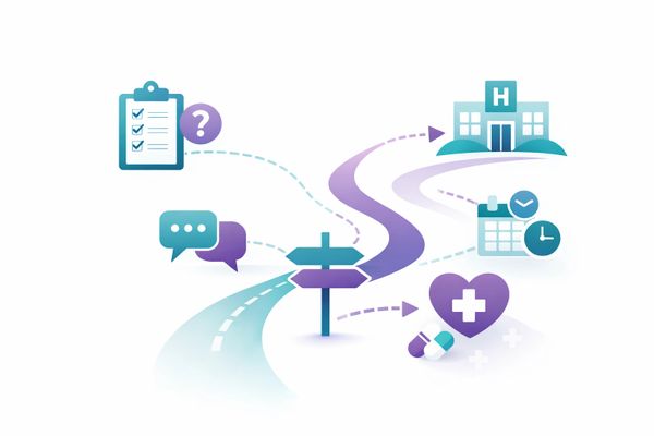 Illustration of healthcare decision-making with icons for hospital, schedule, medication, and communication.