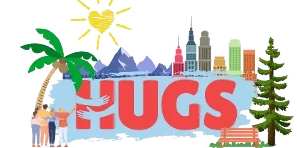 Colorful illustration promoting 'Hugs in the Wild' with nature and city elements.