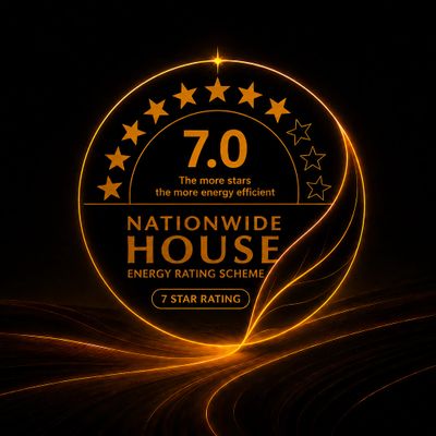 Glowing 7-star energy efficiency rating badge with a black background.