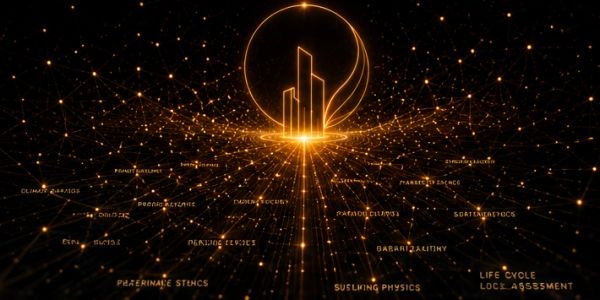 Glowing futuristic cityscape with interconnected data points and scientific terms.