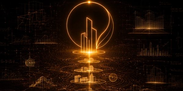 Glowing futuristic cityscape hologram with data graphs and charts in golden hues.