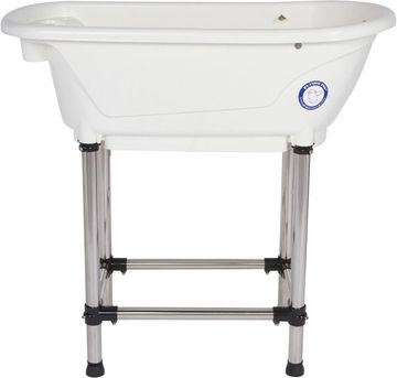 White baby bathtub on metal stand with four legs.