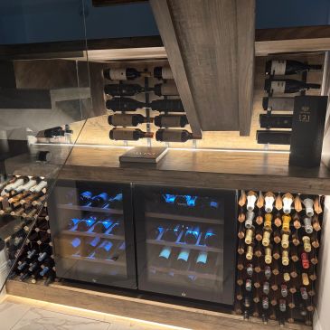 Cellar with wine bottles and cooler.