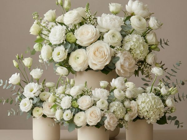 Elegant white flower arrangements in cream vases.