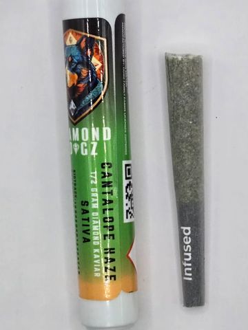 Cannabis pre-roll labeled Diamond OGz Cantaloupe Haze Sativa with an infused joint.