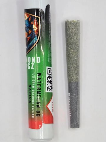 Pre-rolled watermelon-flavored cannabis joint and its packaging.