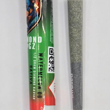 Pre-rolled watermelon-flavored cannabis joint and its packaging.