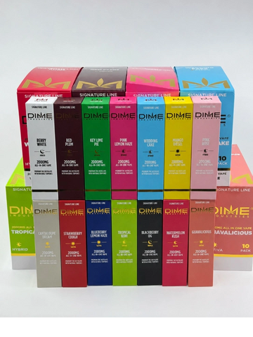 DIME Industries vape cartridge with a cannabis leaf logo.