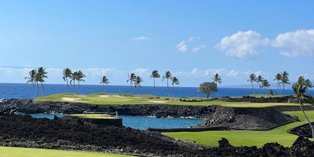 Golf course by the ocean with palm trees and volcanic rocks.