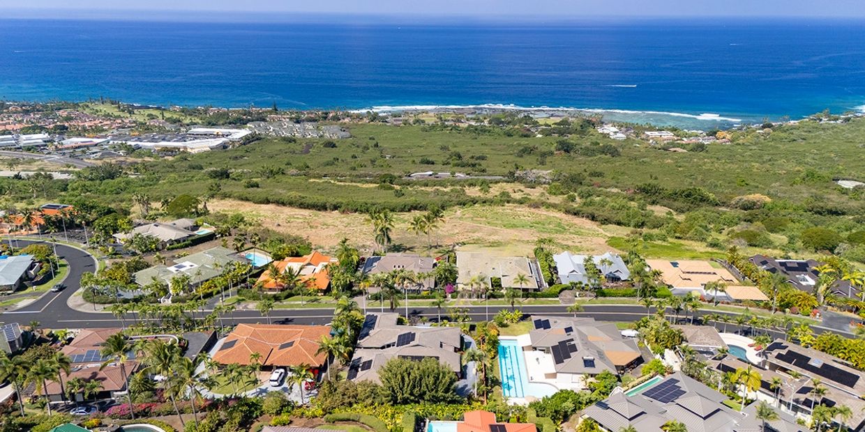 Aerial view of suburban houses near the ocean.
